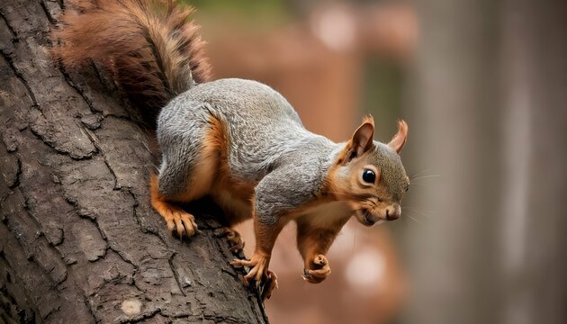 A Squirrel Scampering Up A Tree Trunk