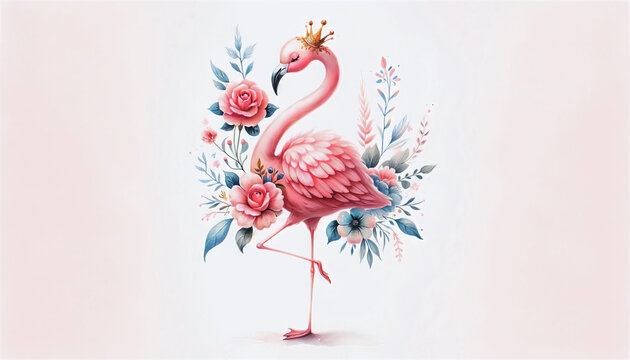 A single flamingo crowned with flowers against a pink backdrop.