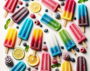 An array of vibrant, icy popsicles intermixed with citrus and berries.