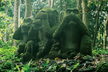 Monkey statues doing, hear no evil, see no evil, speak no evil. Monkey Forest, Ubud, Bali,...