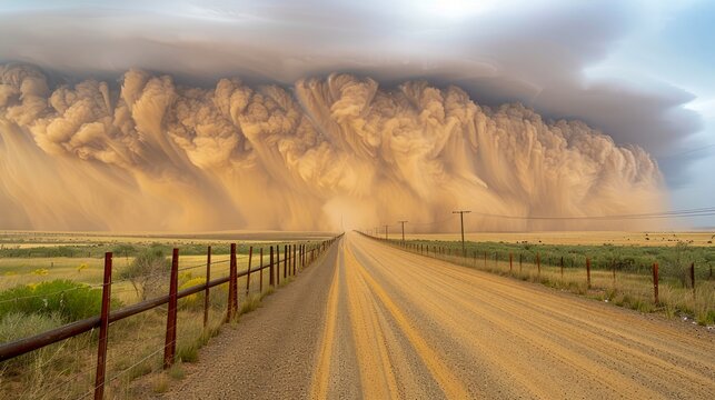 Dramatic Shelf Cloud Over Rural Road Landscape at Sunset with Imposing Thunderstorm Formations