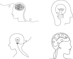 One continuous line drawing of human head with plant inside. Mental health and psychology vector concept. Creative ideas, grow up, positive thinking and self care. Growth mindset skills illustration