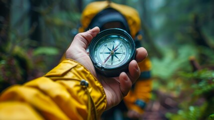 Explorer Holding a Compass in a Dense Forest, Navigational Tool for Outdoor Adventure, Close Up Shot in Nature