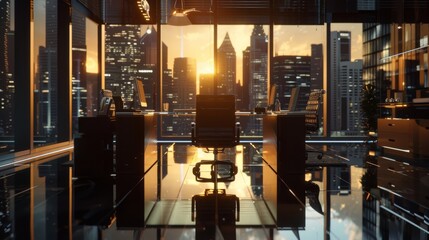 Business magnate in a lavish office, surrounded by skyscrapers, the glow of sunset reflecting on polished surfaces, embodying success and power, with intricate details on the luxury furnishing