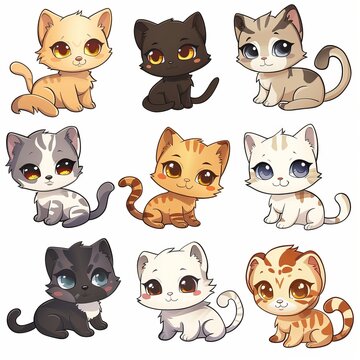 clipart illustration featuring a various of cute chibi cats on white background, suitable for crafting and digital design