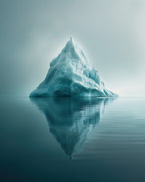 A large ice mountain is reflected in the water. A large piece of iceberg floating in the fogy ocean with empty copy space for text. The image has a serene and peaceful mood. 