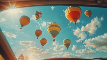 Obraz premium Colorful hot air balloons rise, seen through a sunroof, against the backdrop of a pristine blue sky, magical