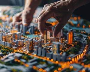 Close-up of hands crafting a miniature smart city model, platform engineering concepts highlighted...