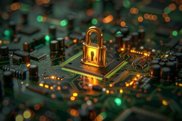 A computer chip with golden lock on it