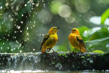 Two yellow birds standing on a branch near a waterfall - Powered by Adobe