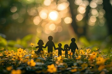 A family of four is standing in a field of yellow flowers - obrazy, fototapety, plakaty