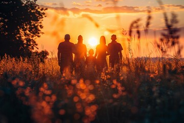 A family of five is standing in a field with the sun in the background