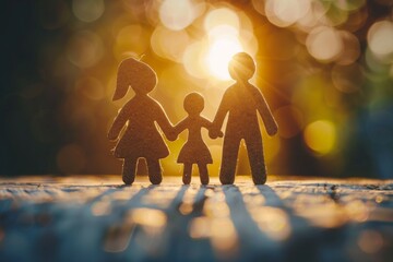 A family of three people, a man and two children, are holding hands - obrazy, fototapety, plakaty
