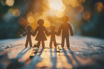 A family of four is shown in silhouette on a wooden surface - obrazy, fototapety, plakaty