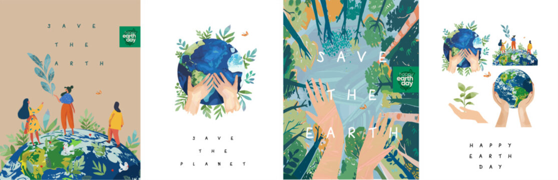 Earth Day. Environment Day. Save the planet. Vector illustration of 
hands holding the earth, bottom up view of nature and forest, people for ecology and green theme for poster or greeting card 