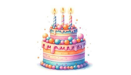 A vibrant birthday cake with three candles, colorful icing, and decorative candies.