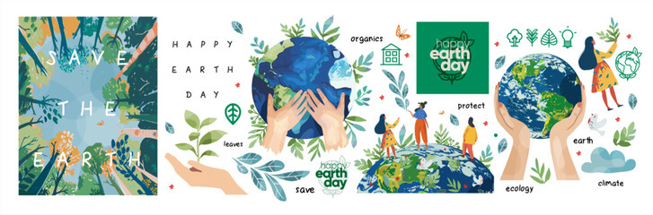 Earth Day. Environment Day. Save the planet. Vector illustration of 
hands holding the earth, bottom up view of nature and forest, people for ecology and green theme for poster or banner  - obrazy, fototapety, plakaty