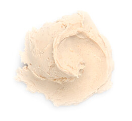 Sample of tasty nut butter isolated on white, top view