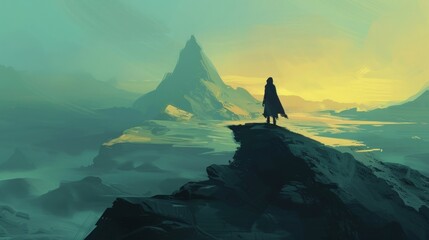A solo adventurer gazes out towards the vast expanse of the mountain her silhouette a small but determined figure against the sprawling . .