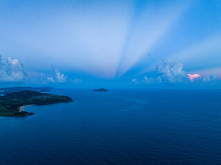 Aerial photography of Jiajing Island, Shimei Bay, Wanning, Hainan, China, in summer evening