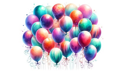 A colorful collection of balloons tied with ribbons, evoking a festive atmosphere.
