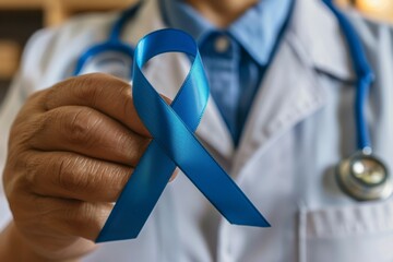 A doctor holding a blue ribbon in his hand