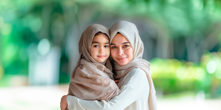 Happy Muslim mother and daughter hugging on vintage photo, nostalgic Mother's Day, memories, headscarves,