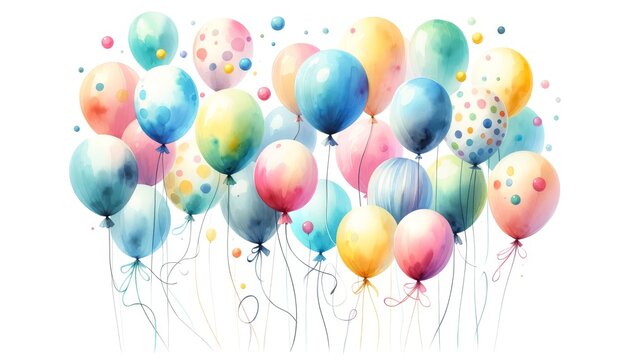 A bunch of watercolor balloons with strings, some with dots, float against a white backdrop.