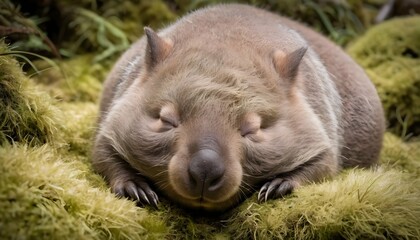 A Sleepy Wombat Dozing Off In A Pile Of Soft Moss