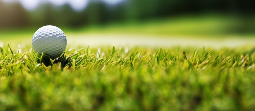 A close up view of a solitary golf ball sitting on a tee in the lush green grass of a golf course, ready for a swing