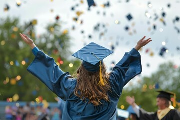 A woman in a graduation gown is throwing her cap in the air - obrazy, fototapety, plakaty