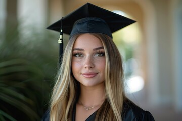A woman wearing a black graduation cap and gown is smiling for the camera
