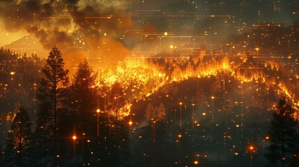A forest is ablaze, emitting large plumes of smoke, engulfed in flames.