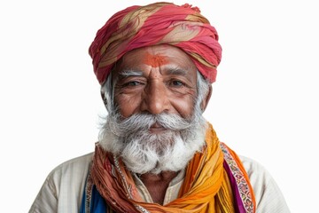 A man with a beard and mustache wearing a red and yellow scarf