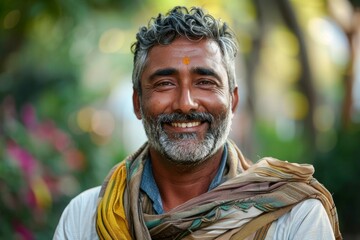 A man with a beard and gray hair is smiling and wearing a scarf - obrazy, fototapety, plakaty