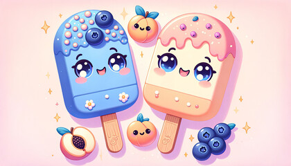 Two cartoon ice pops with faces, one blueberry-themed and one peach-flavored, on a pink background.
