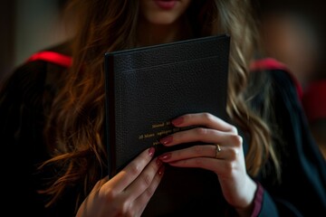 A woman is holding a black book with a gold embossed lettering