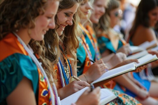 A group of women are sitting together and writing in their notebooks