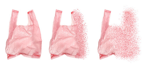 Pink disposable bag vanishing on white background, set. Plastic decomposition