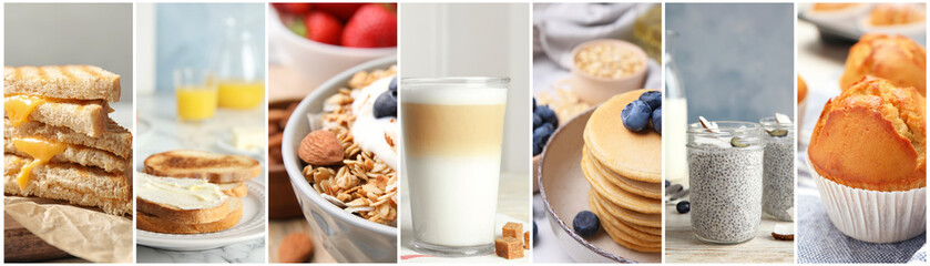 Assortment of tasty breakfasts. Collage with different meals