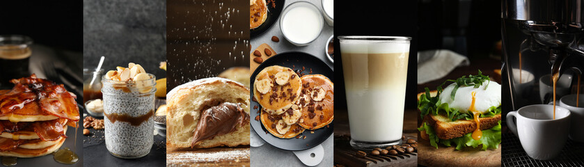 Assortment of tasty breakfasts. Collage with different meals and drinks