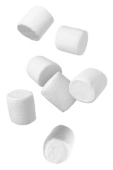 Many yummy marshmallows flying on white background