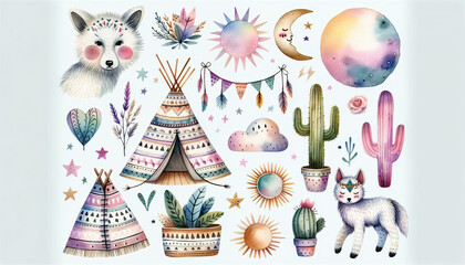 Watercolor illustration with boho elements like teepees, cacti, and celestial bodies.