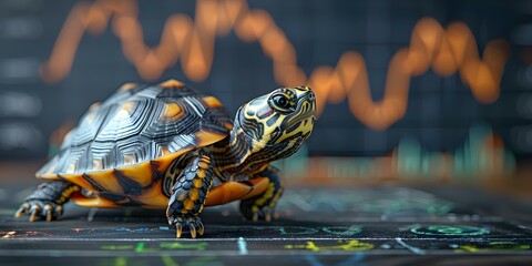 Small turtle figurine strolling on a chalkboard stock market line graph, representing steady investments. Concept Investments, Turtle Figurine, Stock Market, Chalkboard, Steady Growth - obrazy, fototapety, plakaty