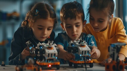 Portrait of three cute children building robot together while enjoying engineering class in development school