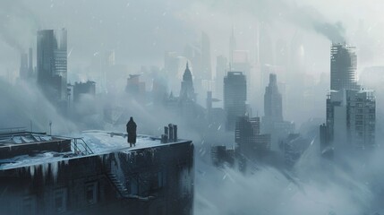 A lone figure stands on a rooftop gazing out at the frozen city below. In the distance the towering buildings disappear into the fog a reminder of the endlessness of the urban