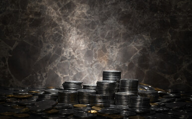 coins on a dark background. coins scattered and stacked for background - 773573373