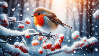 A robin perched on a snowy branch with red berries, surrounded by a winter wonderland.