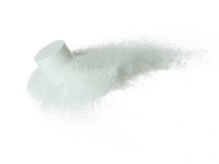 Cosmetic container white bottle fly splashing on white sand. Tube transparent sand powder in mid air. Moisturizer lotion cream bottle explosion flying. White background isolated high speed shutter