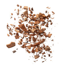 Coconut peel husk flying explosion, coconut chopped big L size abstract fall down garden. Coconut...